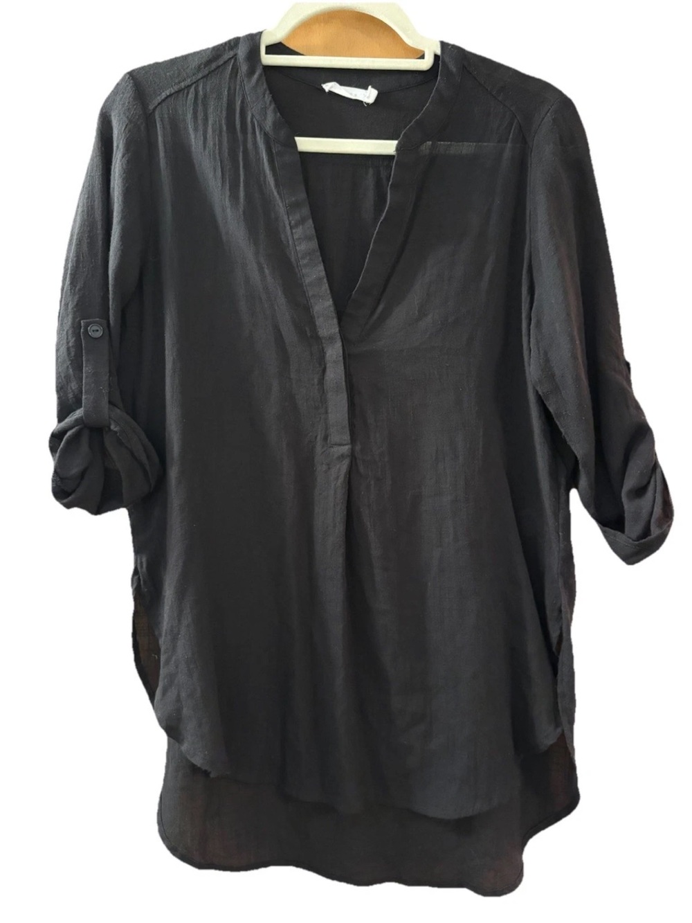 LUSH Brand Women’s Classic Blouse Tunic V-neck Black Roll Tab Sleeve, EUC!